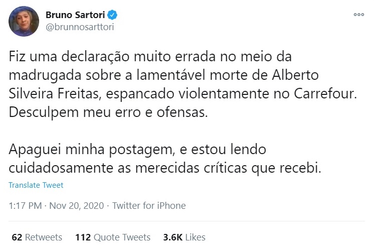 Bruno Sartori: influenciador e deepfaker gay é criticado na web por post sobre racismo