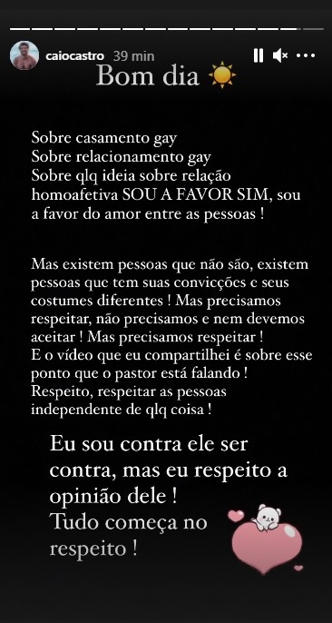 Caio Castro fala sobre casamento gay