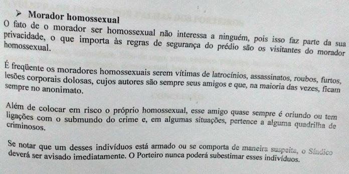 Curso para porteiros no Rio diz que amigos de gays são perigosos
