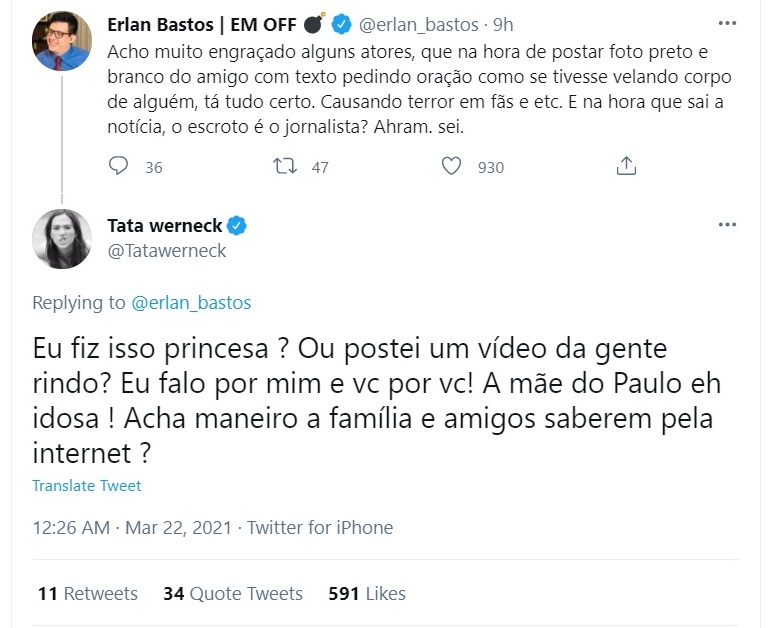 Erlan Bastos: Tatá Werneck chama jornalista gay de princesa