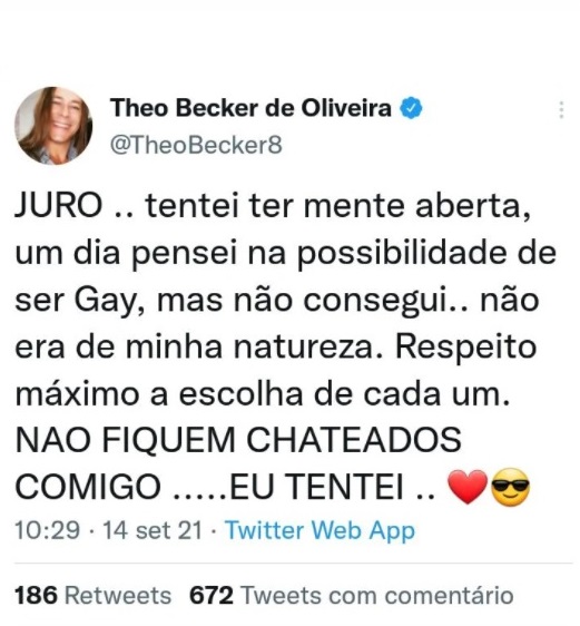 Theo Becker disse que tentou ser gay e não conseguiu